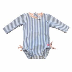 RuffleButts Rash Guard Swimsuit 6-12M Blue Stripe Pink Ruffle Back